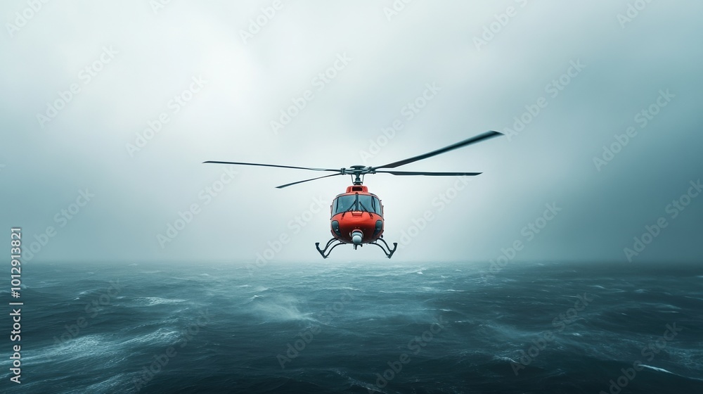 Fototapeta premium Red helicopter flying over rough ocean waters under a cloudy sky.