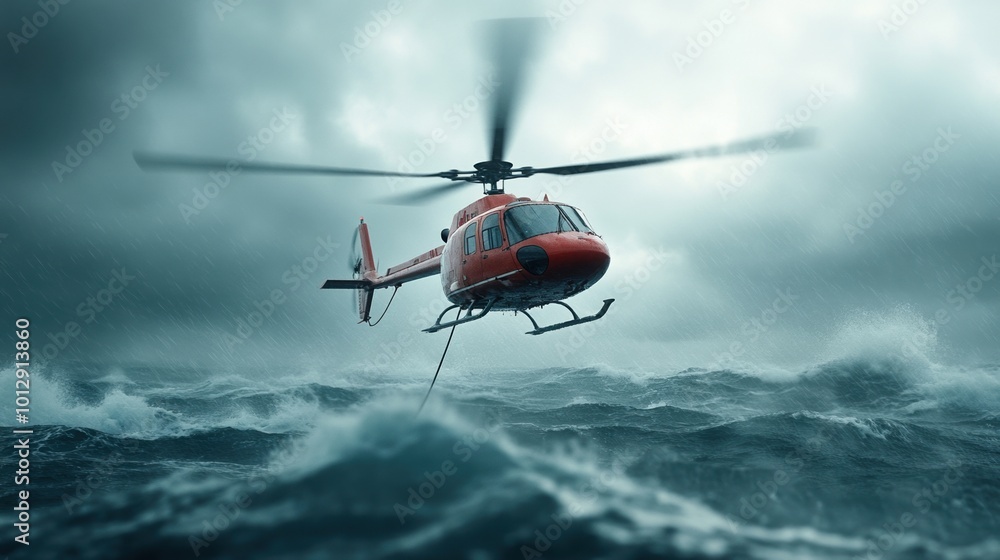Red helicopter flying over turbulent ocean waters in stormy weather conditions. Red helicopter flying over turbulent ocean waters in stormy weather conditions.