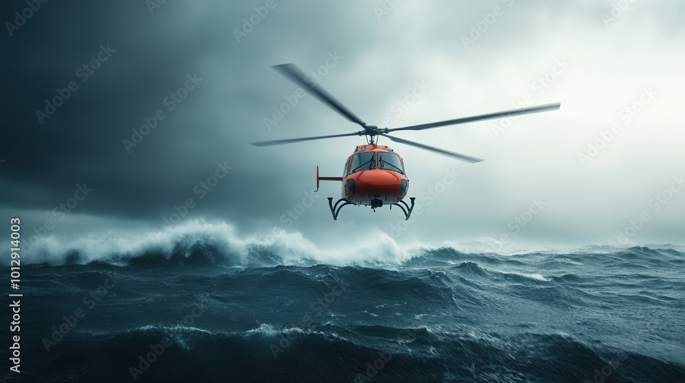 Rescue helicopter flying over stormy ocean waves, dramatic sky backdrop. Rescue helicopter flying over stormy ocean waves, dramatic sky backdrop.