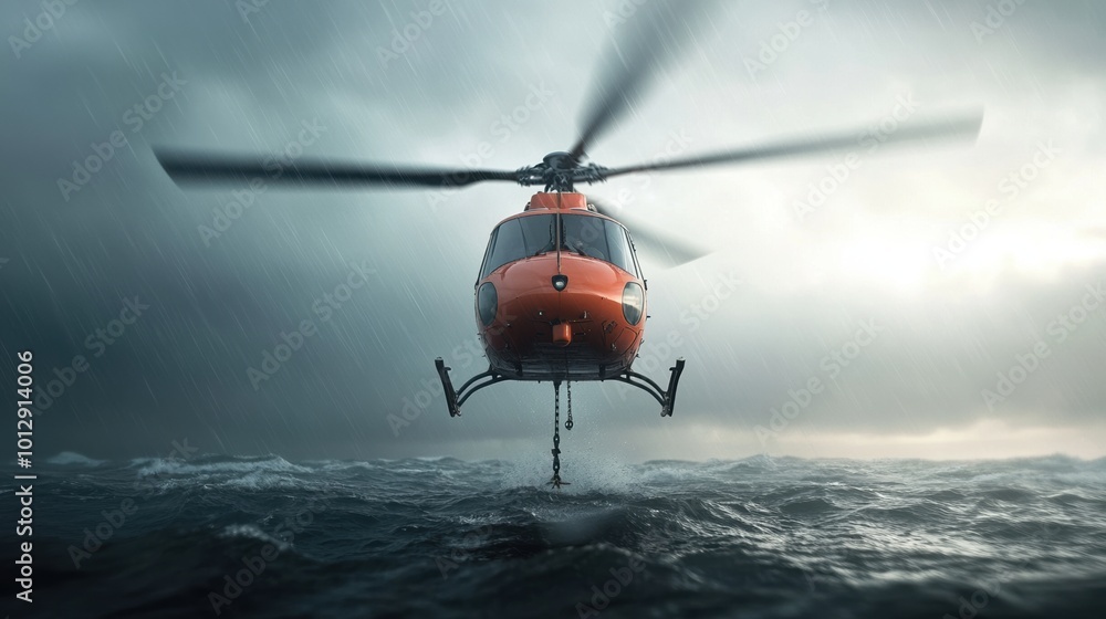 Rescue helicopter flying over stormy sea, dramatic clouds and turbulent water. Rescue helicopter flying over stormy sea, dramatic clouds and turbulent water.