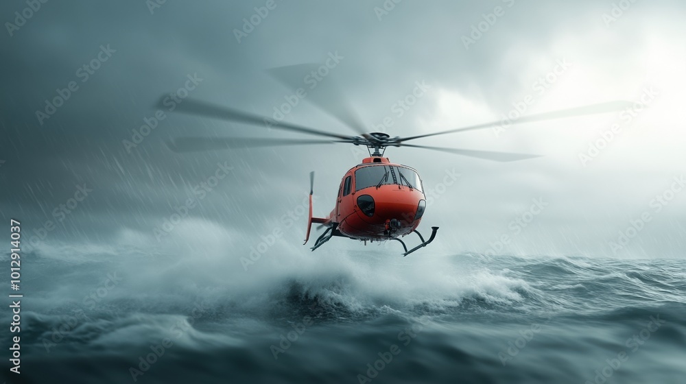 Fototapeta premium Rescue helicopter flying over turbulent ocean waters during a stormy weather.