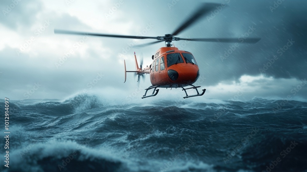 Rescue helicopter flying over turbulent ocean waves against a stormy sky. Rescue helicopter flying over turbulent ocean waves against a stormy sky.