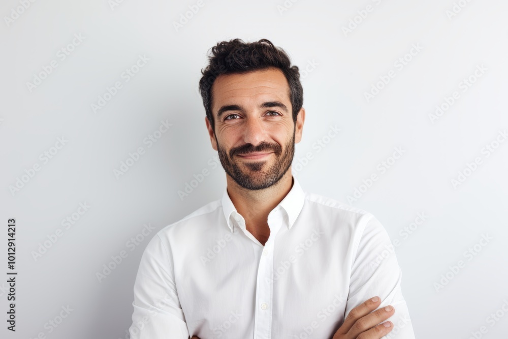 Portrait of a handsome young man in white shirt looking at camera and smiling while standing against grey background Portrait of a handsome young man in white shirt looking at camera and smiling while standing against grey background