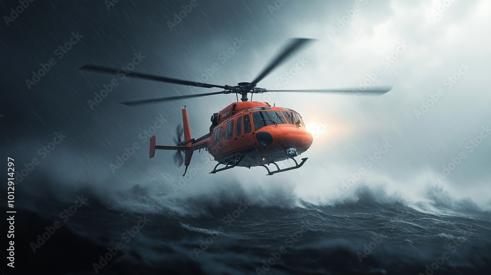 Rescue helicopter flying through stormy skies over turbulent sea. Rescue helicopter flying through stormy skies over turbulent sea.