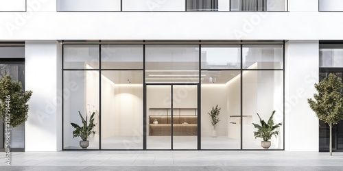 Modern free template of a storefront mockup with a clear white front and glass windows.