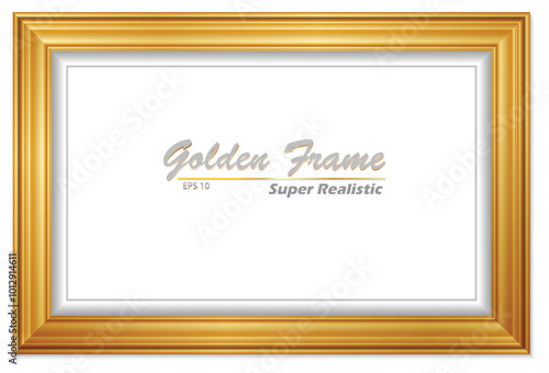 An Illustration elegant gold picture frame with super realistic shape. Approximate frame size 200x135 cm, high resolution 72 dpi. This image is NOT generated by Ai.