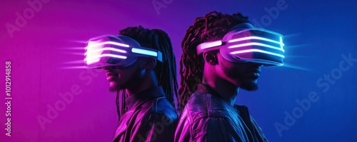 Two-person portrait wearing neon virtual reality glasses.