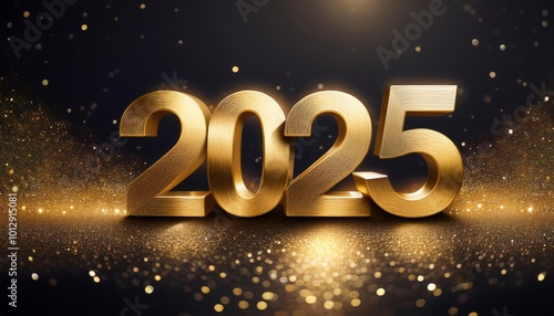 The golden 3D numbers "2025" stand against a dark background, surrounded by glittering gold particles. 