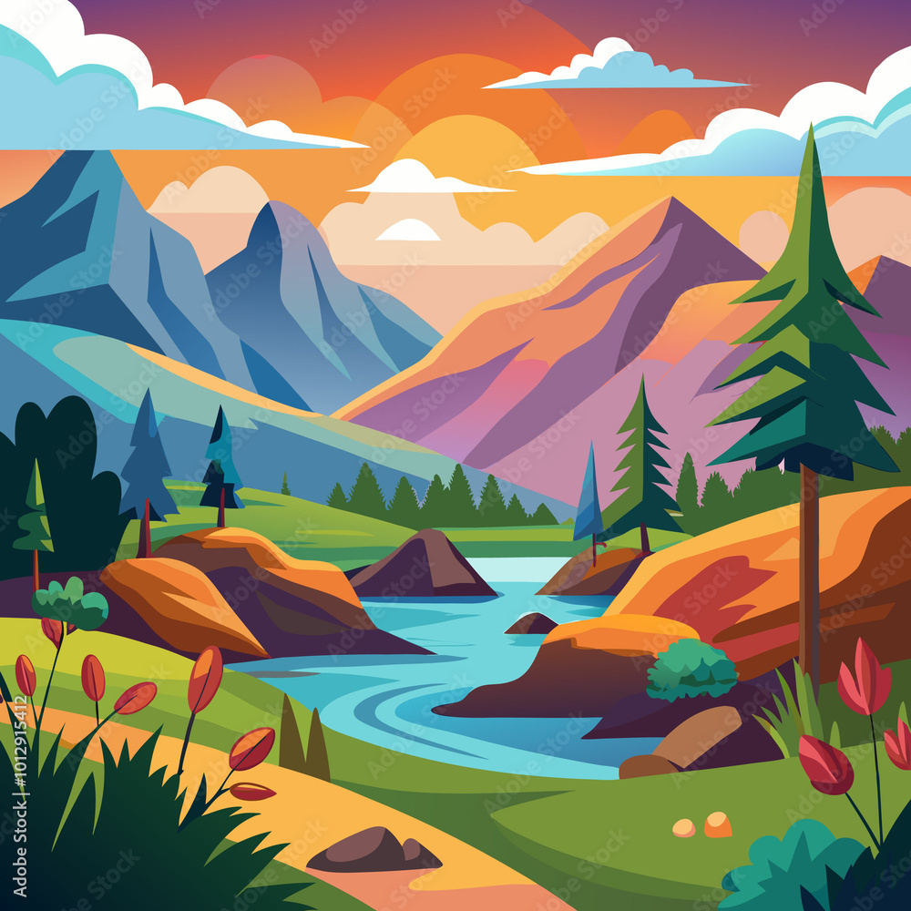 Digital painting of a landscape art with river, mountains, hills or noon nature wallpapers vector illustration stock image generated Ai Digital painting of a landscape art with river, mountains, hills or noon nature wallpapers vector illustration stock image generated Ai