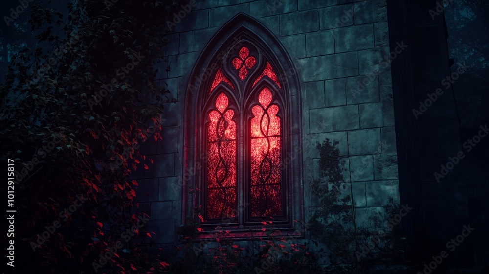 Gothic Stained Glass Radiating Mysterious Red - Made with Generative AI Gothic Stained Glass Radiating Mysterious Red - Made with Generative AI