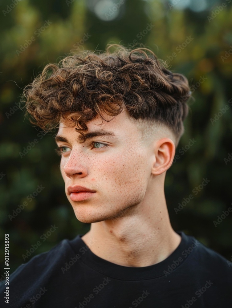 Young man with curly hair outdoors, profile view, natural light, blurred green background, casual style, displaying youthful energy and confidence Young man with curly hair outdoors, profile view, natural light, blurred green background, casual style, displaying youthful energy and confidence