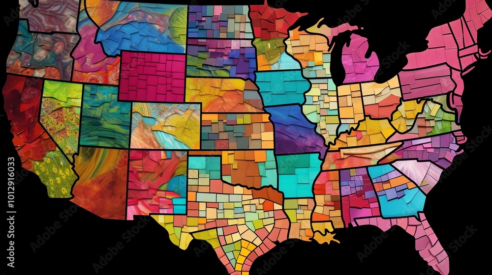 Naklejka premium Colorful artistic map of the United States, showcasing vibrant state designs on a black background.