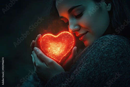 Woman Holding a Glowing Heart in Her Hands