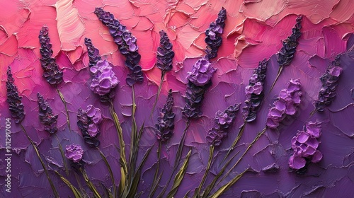 A close-up of lavender flowers painted in thick impasto, with a pink and purple background. The flowers are in focus, while the background is slightly blurred. The texture of the paint is visible. photo