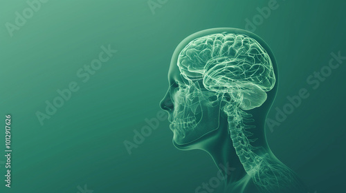 Detailed outline of a human head with visible brain structure against a green background illustrating anatomy and neuroscience