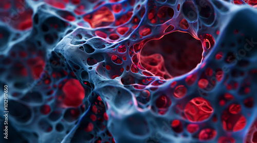 Abstract structure of cellular tissue showcasing intricate patterns and textures in vibrant reds and blues