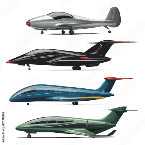 A set of four sleek and modern airplanes designed in minimalist vector style 