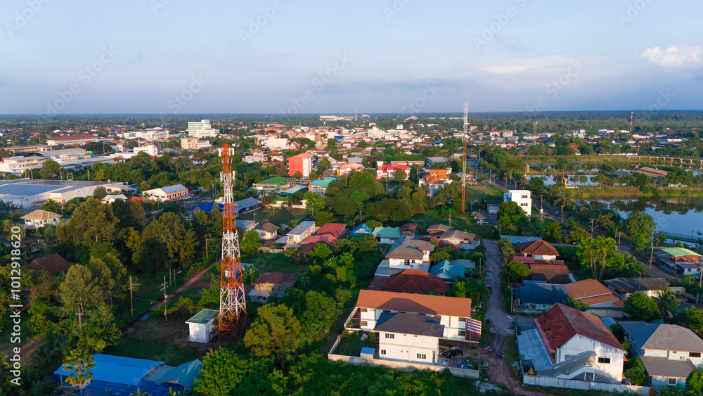 Fototapeta premium Telecommunication tower of 4G and 5G cellular. Antenna transmission communication. Cell phone signal base station.