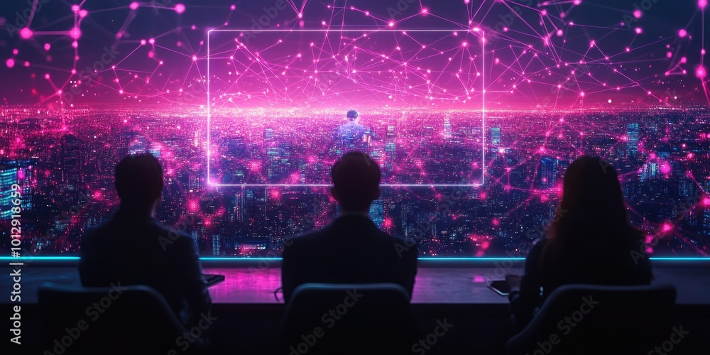 Silhouettes of people watching a futuristic city skyline. Silhouettes of people watching a futuristic city skyline.