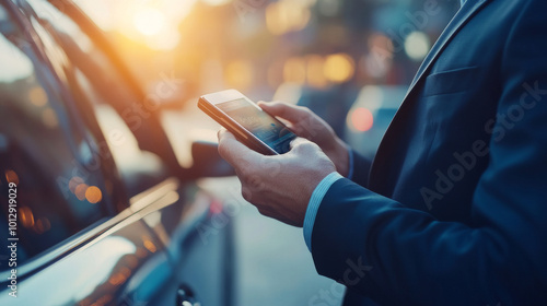 A man in a suit uses his smartphone to book a car through a car-sharing service. This is part of the sharing economy, where people share resources instead of owning them.