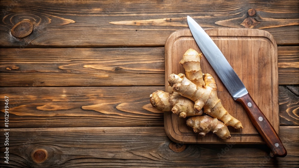 A close-up of fresh ginger roots on a wooden cutting board with a knife, ready to be sliced and incorporated into a flavorful culinary creation. A close-up of fresh ginger roots on a wooden cutting board with a knife, ready to be sliced and incorporated into a flavorful culinary creation.