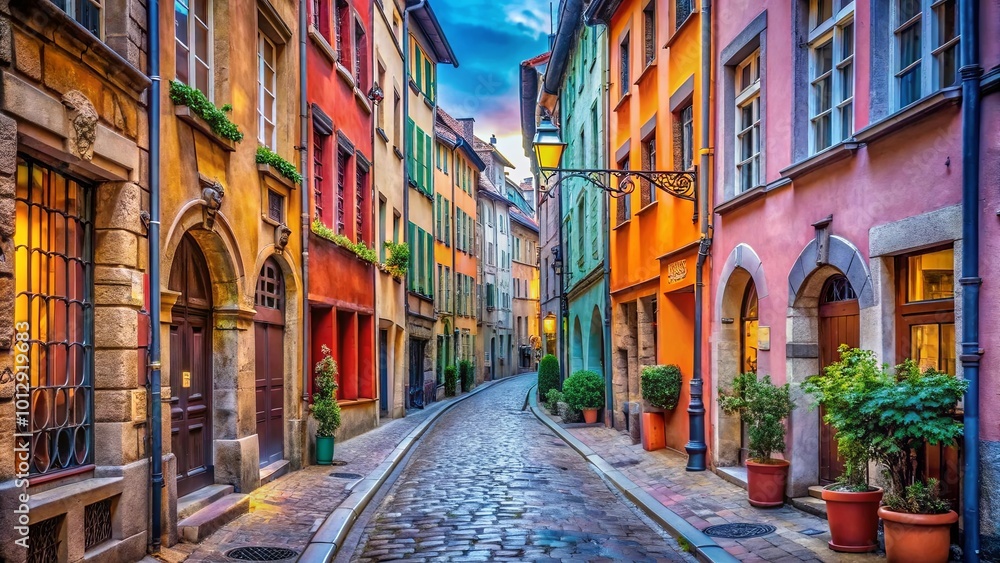 Fototapeta premium A winding cobblestone street lined with vibrantly colored buildings, adorned with charming window boxes and lush greenery, bathed in the warm glow of a setting sun.