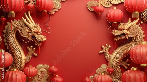 Wallpaper Mural a red and gold background with a dragon and lanterns Torontodigital.ca