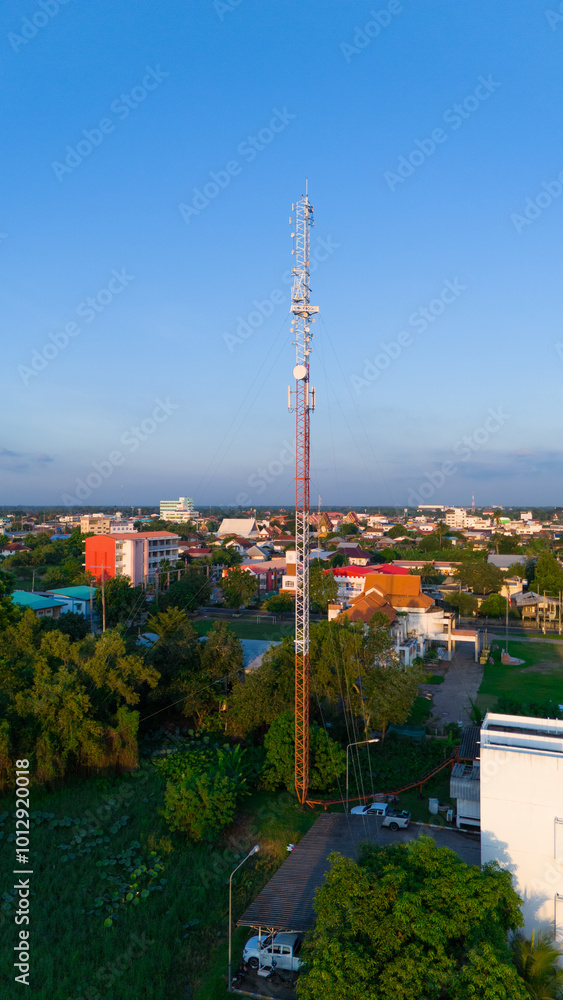 Fototapeta premium Telecommunication tower of 4G and 5G cellular. Antenna transmission communication. Cell phone signal base station.