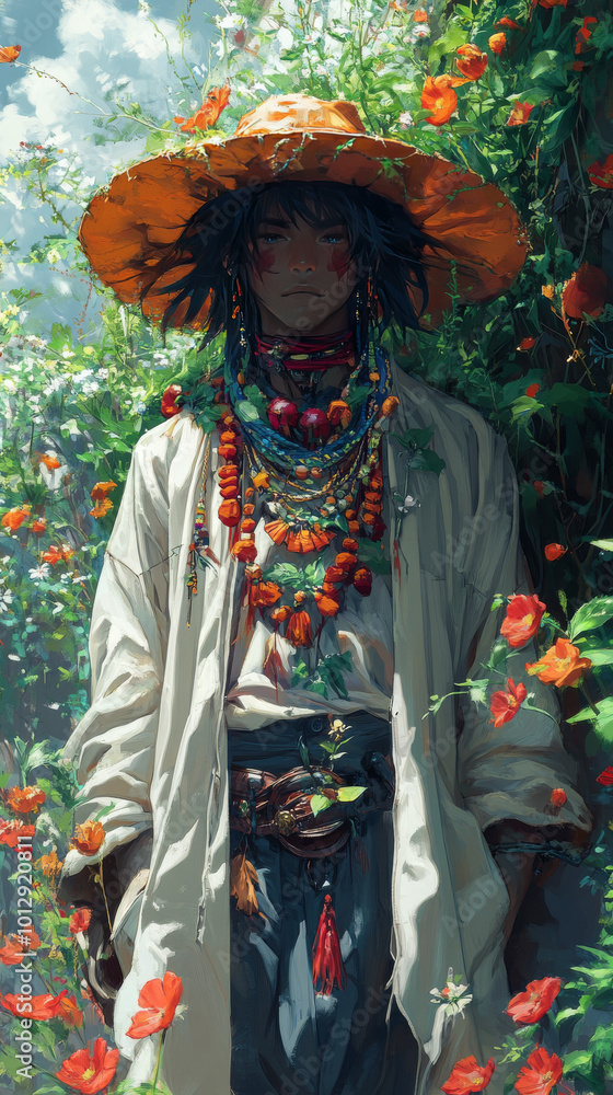 A young man with long black hair stands in a field of flowers wearing a wide-brimmed hat and a variety of colorful necklaces. A young man with long black hair stands in a field of flowers wearing a wide-brimmed hat and a variety of colorful necklaces.