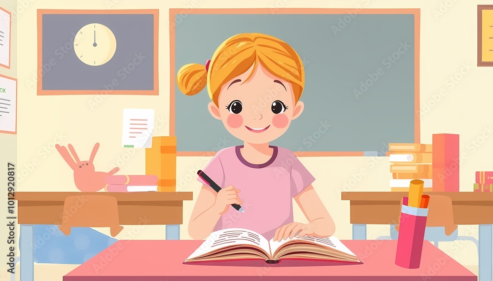 Girl Conducting Research for a Project in a Classroom, Highlighting Child Development Girl Conducting Research for a Project in a Classroom, Highlighting Child Development