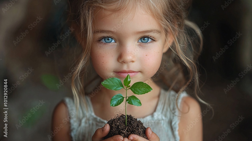 Child Holding Small Tree Sapling with Bright Eyes Child Holding Small Tree Sapling with Bright Eyes