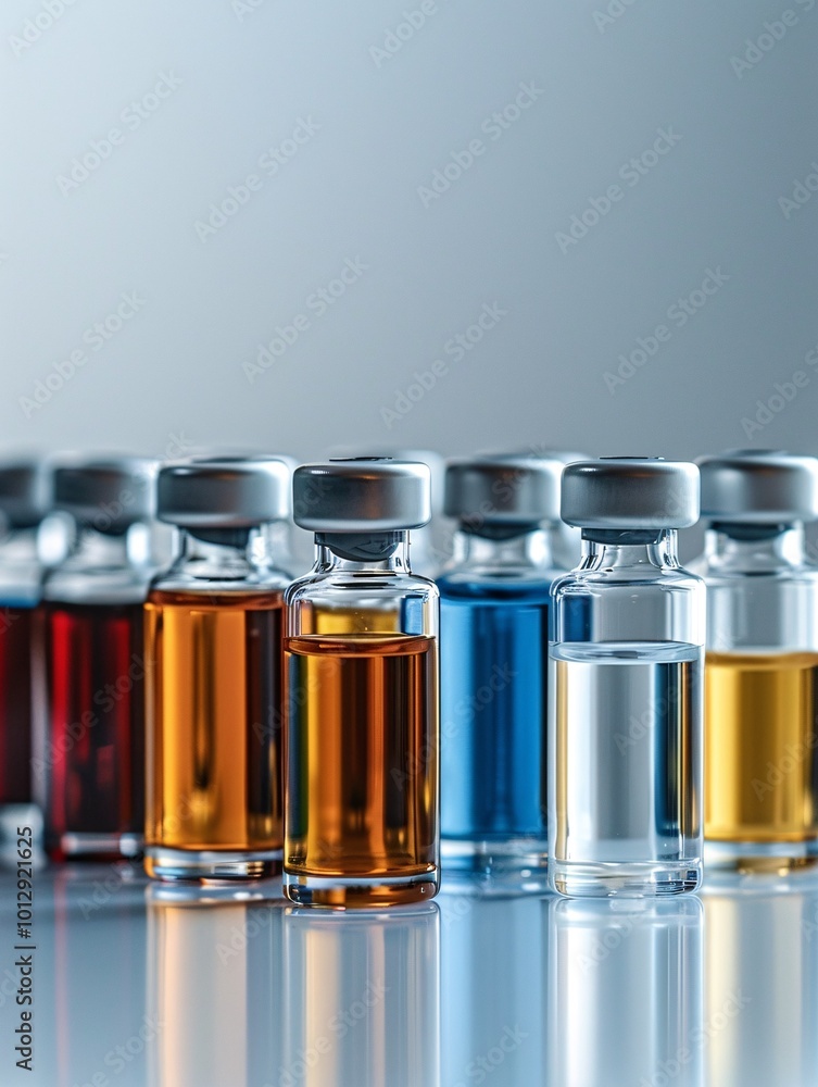 A collection of immunization containers. Treatment in vials. Glass containers for fluid specimens in lab. A collection of immunization containers. Treatment in vials. Glass containers for fluid specimens in lab.