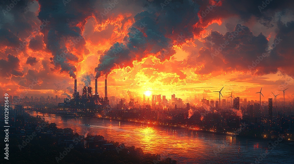 Naklejka premium Industrial Sunset Over a City Skyline