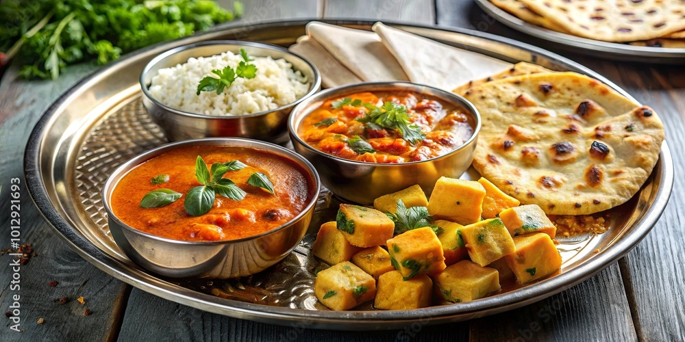 Aromatic Spiced Curries, Fluffy Rice, and Golden Fried Bread Served on a Gleaming Metal Platter Aromatic Spiced Curries, Fluffy Rice, and Golden Fried Bread Served on a Gleaming Metal Platter