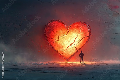 A solitary figure gazes at a large, cracked, glowing heart-shaped object against a dark background.