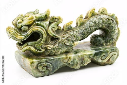 A meticulously crafted jade sculpture features elaborate designs and vibrant hues, set against a pristine white backdrop for striking contrast. photo