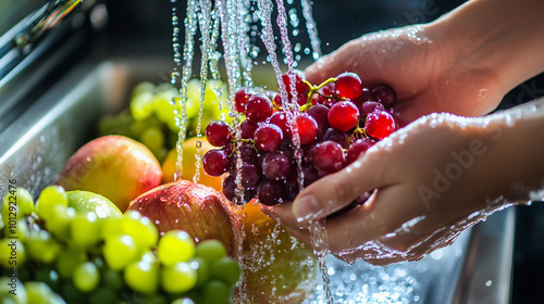 Fototapeta Naklejka Na Ścianę i Meble -  Hand washing bunch of fruits on tap water