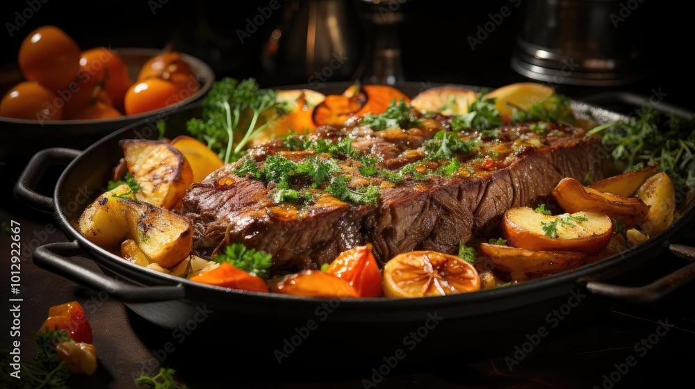 a steak and potatoes dish in a pan a steak and potatoes dish in a pan