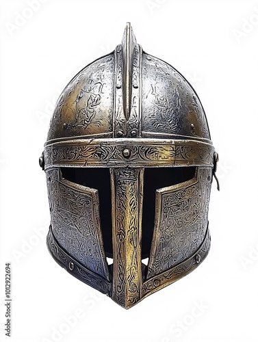 An intricately engraved knight's helmet highlights the artistry of medieval armor against a pristine white backdrop.