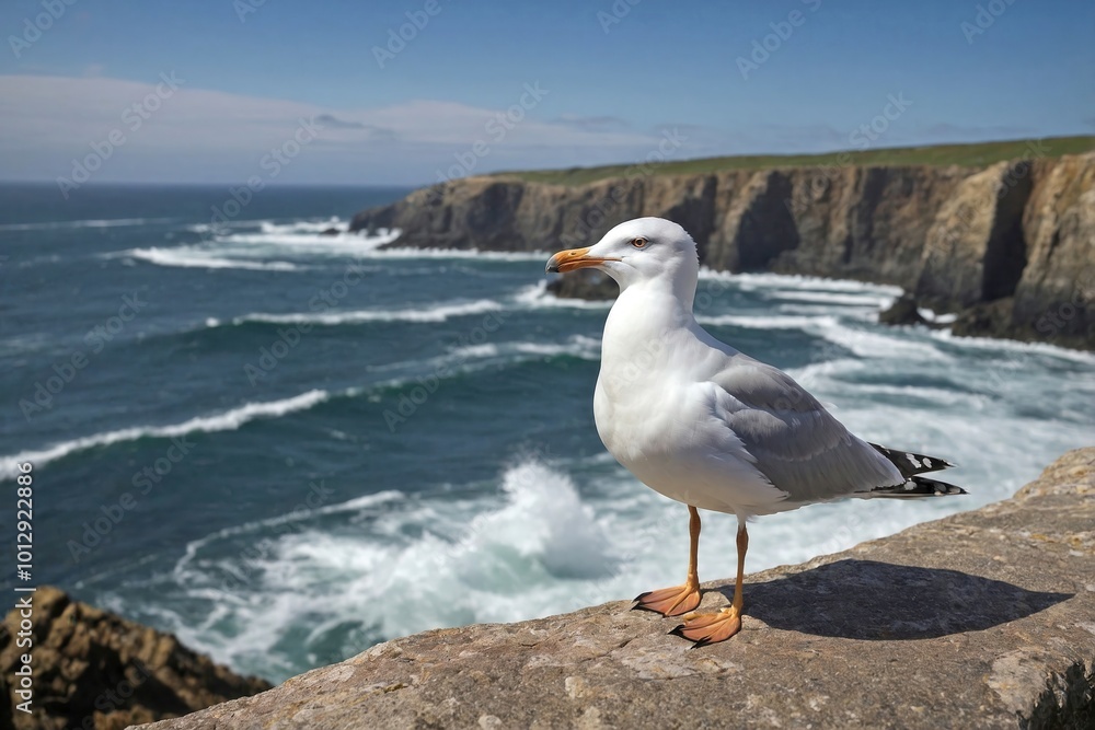 Seagull Perched on a Cliffside with Waves Crashing Below Seagull Perched on a Cliffside with Waves Crashing Below