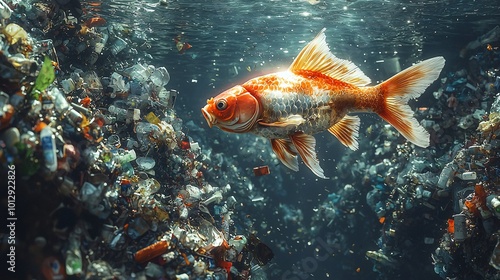 Fish Swimming Through Sea of Trash and Pollution