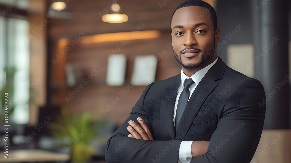 African American businessman in formal wear, showcasing confidence and professionalism in a modern office African American businessman in formal wear, showcasing confidence and professionalism in a modern office