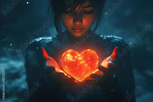 Woman Holding a Glowing Heart in Her Hands