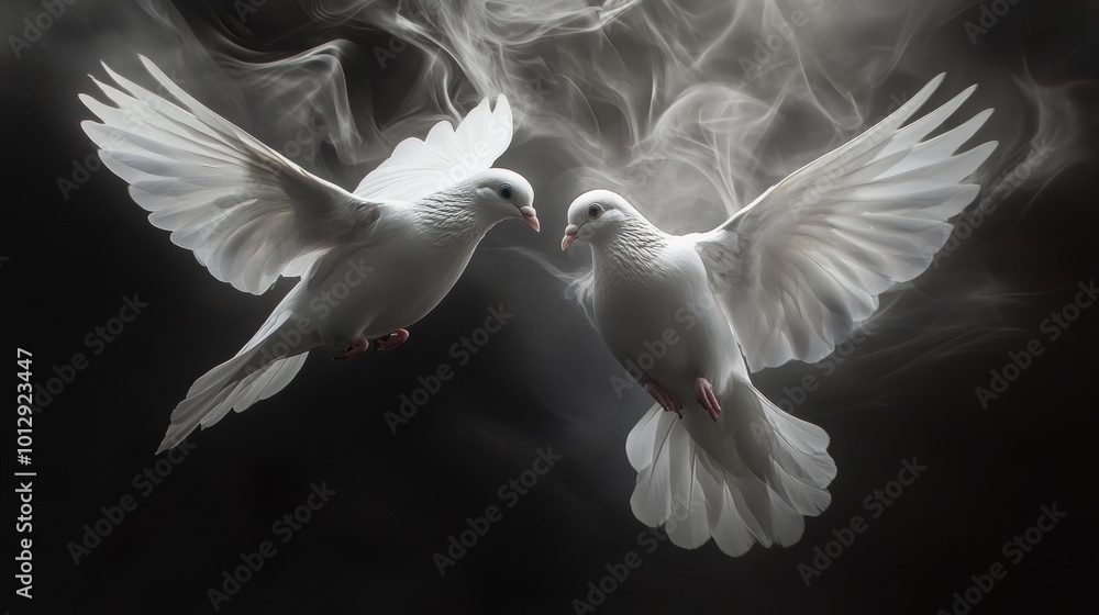 Obraz premium Two white doves soar together in a surreal smoke-filled atmosphere. The ethereal lighting emphasizes their white feathers as they seem to glide through soft tendrils of smoke, adding a mystical touch