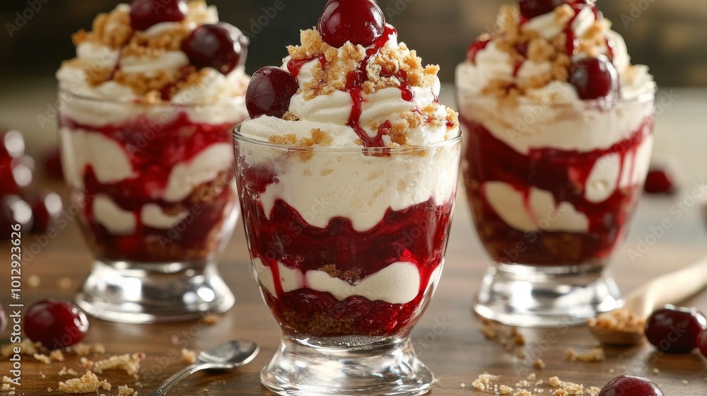 Three glass cups filled with layered cherry parfaits, featuring vibrant red cherries, rich whipped cream, and crunchy crumble. The dessert looks indulgent and inviting, perfect for food lovers.. AI Three glass cups filled with layered cherry parfaits, featuring vibrant red cherries, rich whipped cream, and crunchy crumble. The dessert looks indulgent and inviting, perfect for food lovers.. AI