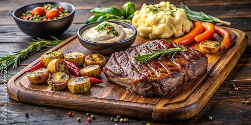 Grilled Steak Served with Roasted Vegetables, Mashed Potatoes and Creamy Sauce on a Wooden Cutting Board Grilled Steak Served with Roasted Vegetables, Mashed Potatoes and Creamy Sauce on a Wooden Cutting Board