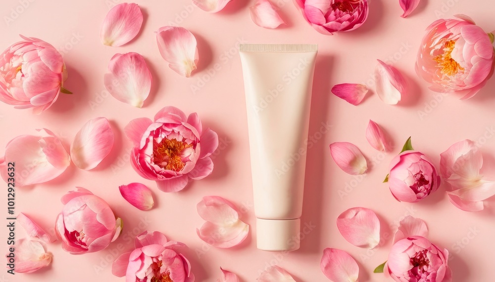 A foundation tube surrounded by peonies and peony petals, giving a luxurious and natural feel. Ideal for advertising makeup, cosmetics and skincare products with a delicate floral theme. A foundation tube surrounded by peonies and peony petals, giving a luxurious and natural feel. Ideal for advertising makeup, cosmetics and skincare products with a delicate floral theme.