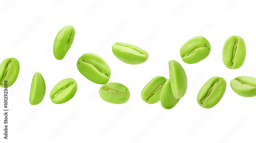 Falling green coffee beans isolated on transparent and white background, cut out png Falling green coffee beans isolated on transparent and white background, cut out png
