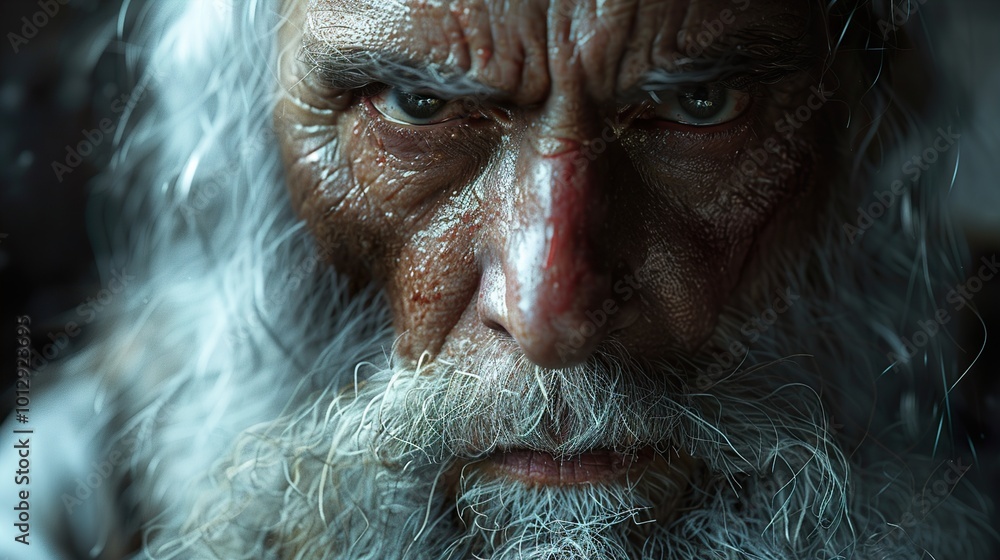 Intense Close-Up Portrait of an Elderly Man with a Long White Beard Intense Close-Up Portrait of an Elderly Man with a Long White Beard
