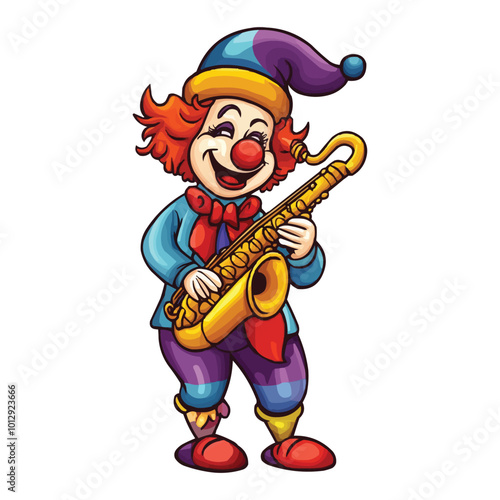 Cute clown playing a saxophone colorful cartoon style